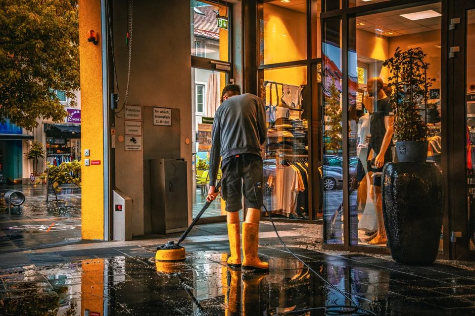 gallery-01 An indoor scene showing a man in a blue t-shirt using a squeegee to clean a large glass pane.